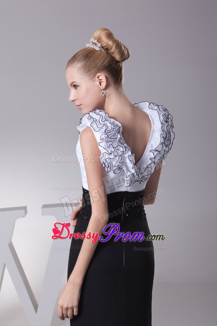 V-neck Ruffles Beaded Prom Gown in White and Black Sweep Train