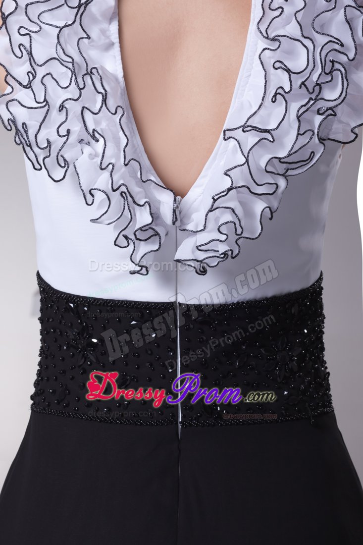 V-neck Ruffles Beaded Prom Gown in White and Black Sweep Train