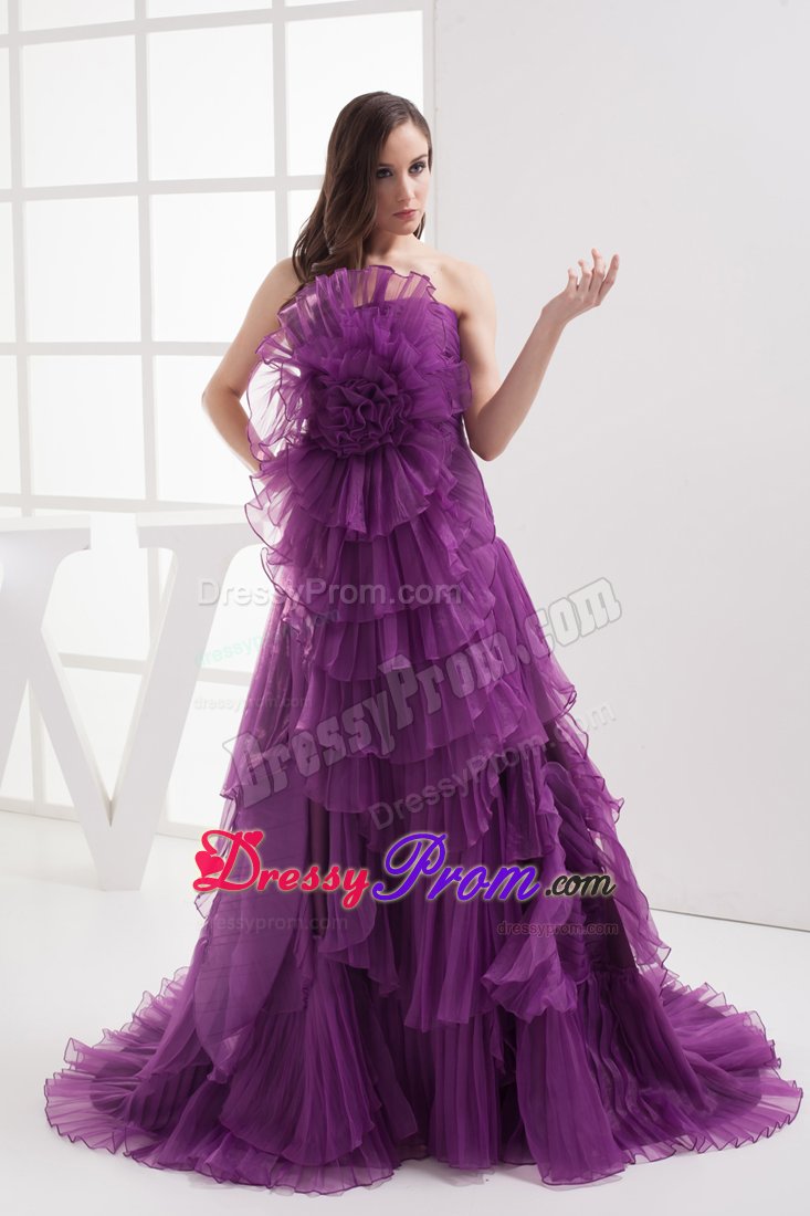 Soft Purple Strapless Brush Train Prom Celebrity Dress in Organza