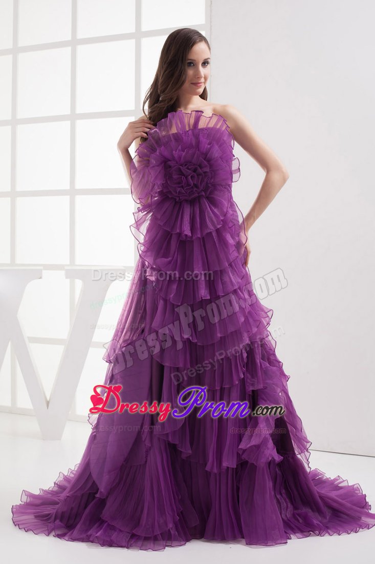 Soft Purple Strapless Brush Train Prom Celebrity Dress in Organza