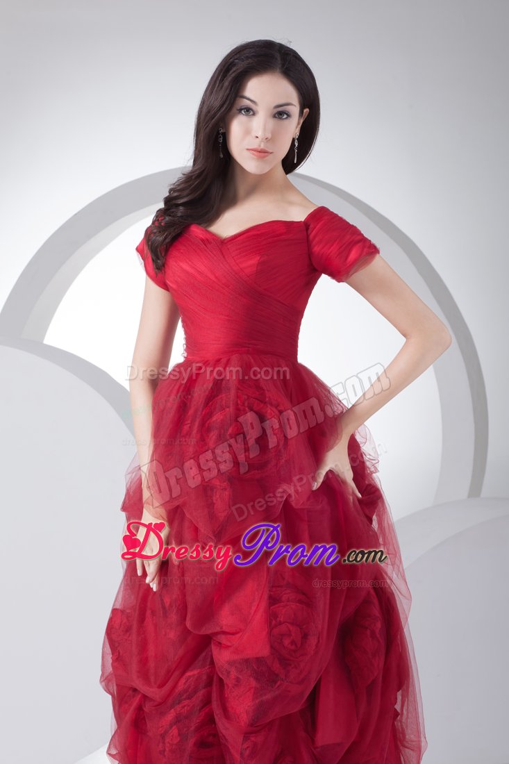 Luxurious Red Prom Formal Dress Hand Made Flowers with Tulle
