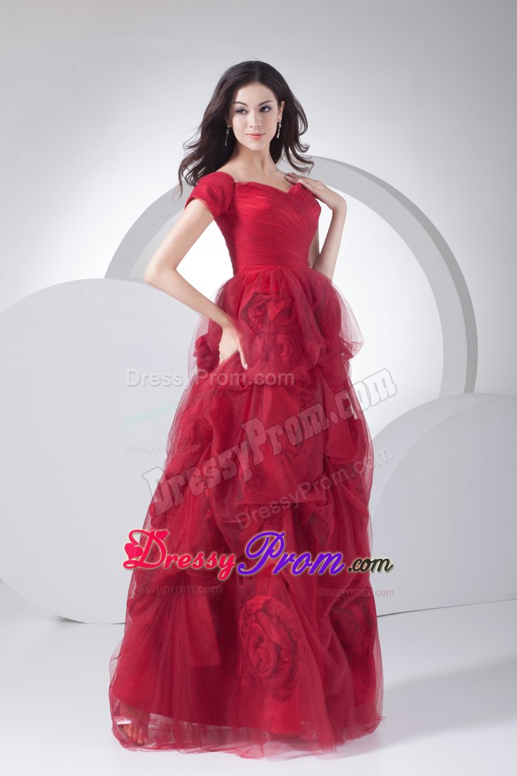 Luxurious Red Prom Formal Dress Hand Made Flowers with Tulle