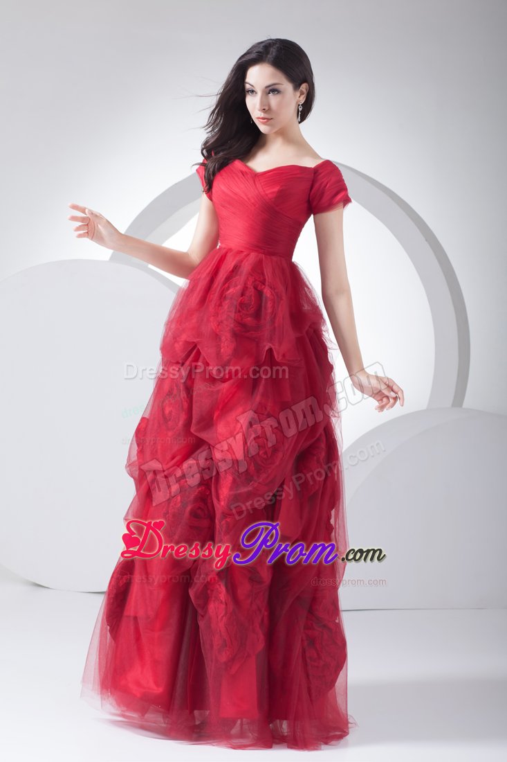 Luxurious Red Prom Formal Dress Hand Made Flowers with Tulle