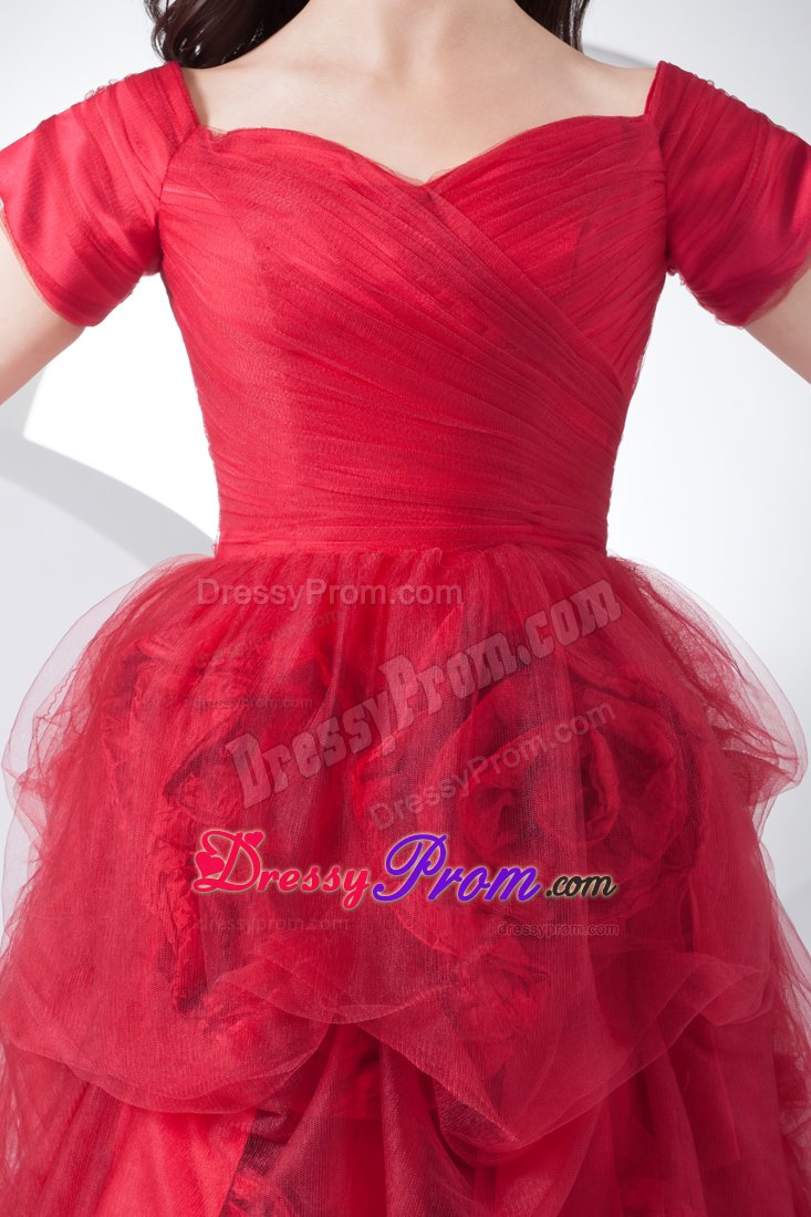 Luxurious Red Prom Formal Dress Hand Made Flowers with Tulle