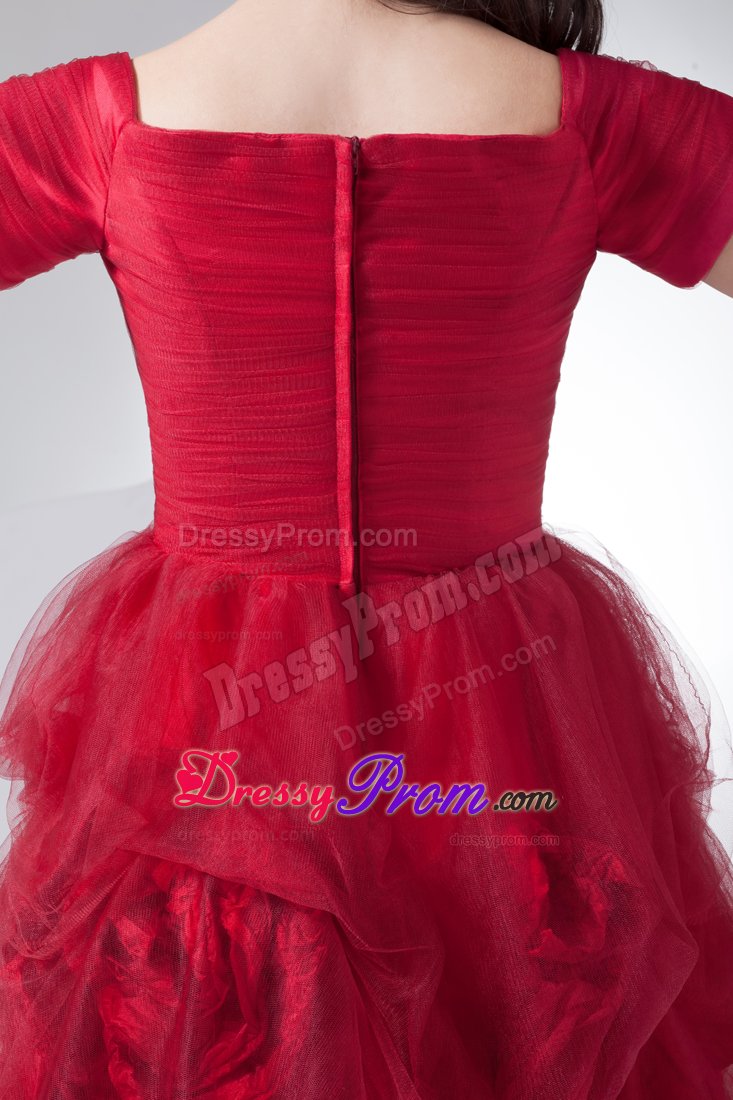 Luxurious Red Prom Formal Dress Hand Made Flowers with Tulle