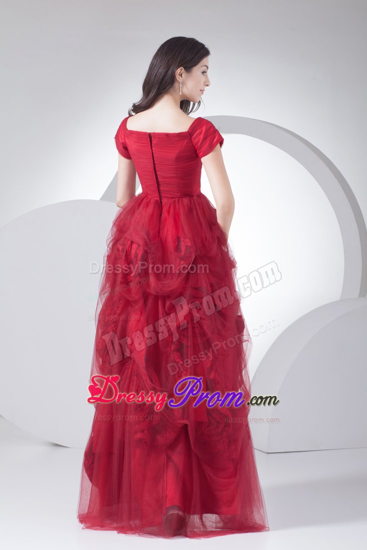 Luxurious Red Prom Formal Dress Hand Made Flowers with Tulle