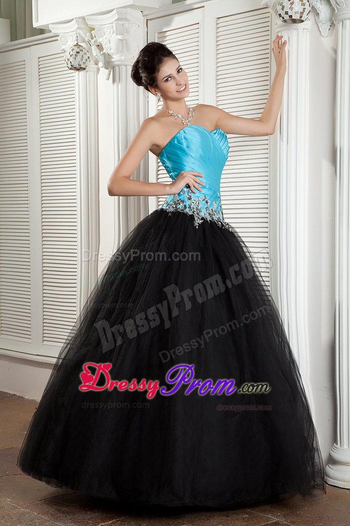 New Baby Blue and Black Ruched Appliqued Prom formal Dress