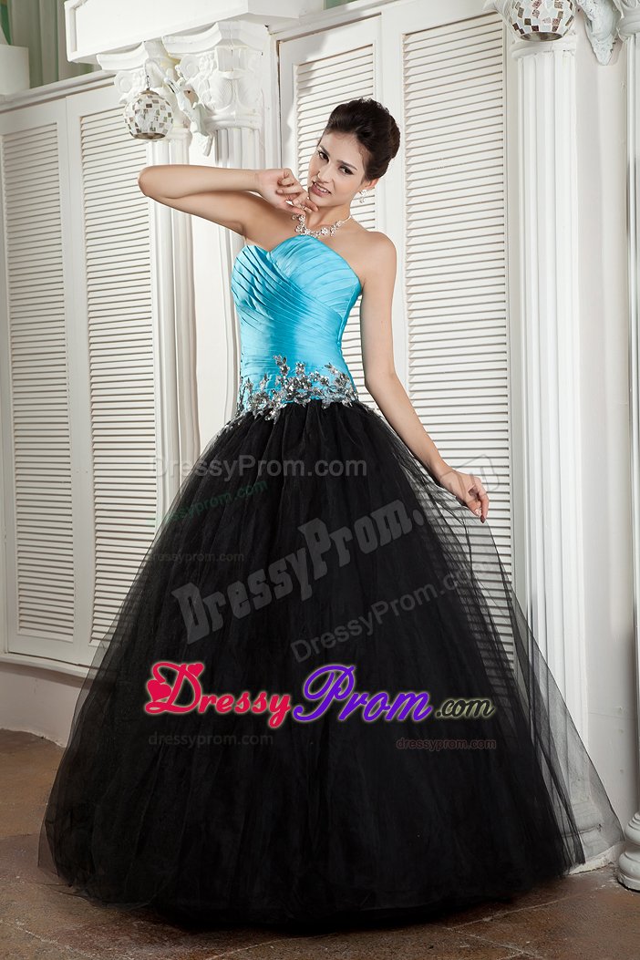 New Baby Blue and Black Ruched Appliqued Prom formal Dress