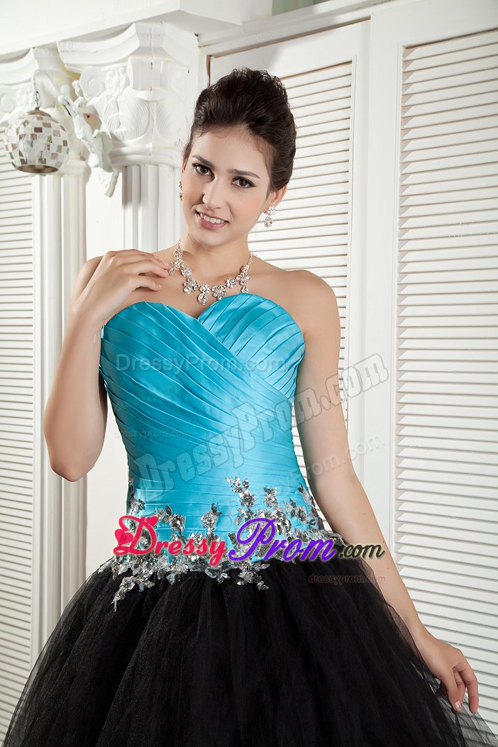 New Baby Blue and Black Ruched Appliqued Prom formal Dress