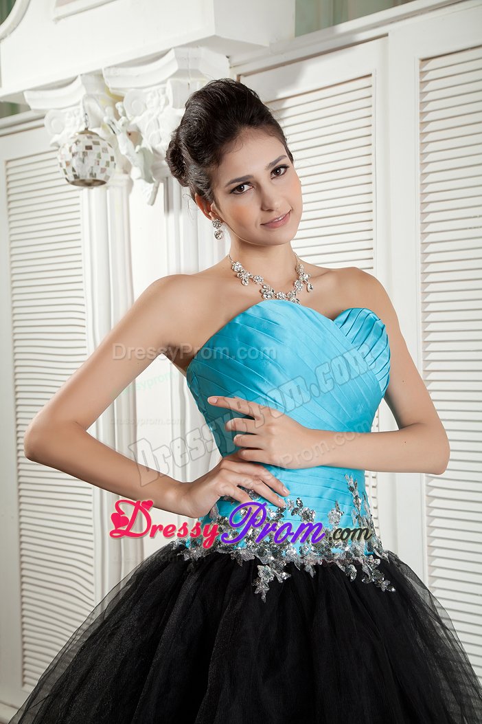 New Baby Blue and Black Ruched Appliqued Prom formal Dress