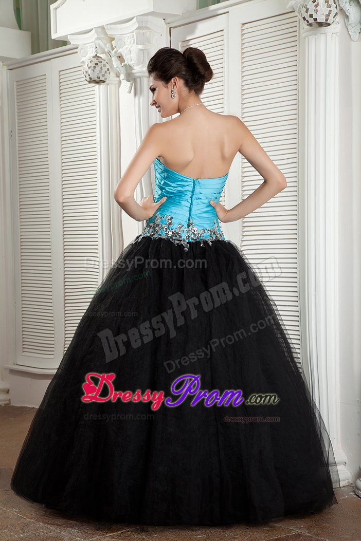 New Baby Blue and Black Ruched Appliqued Prom formal Dress