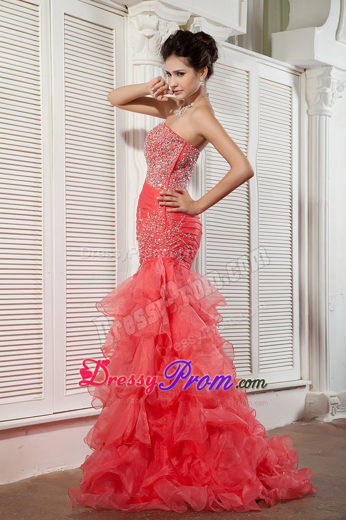 Pretty Mermaid Coral Red Organza Ruffled Beaded Prom Dress