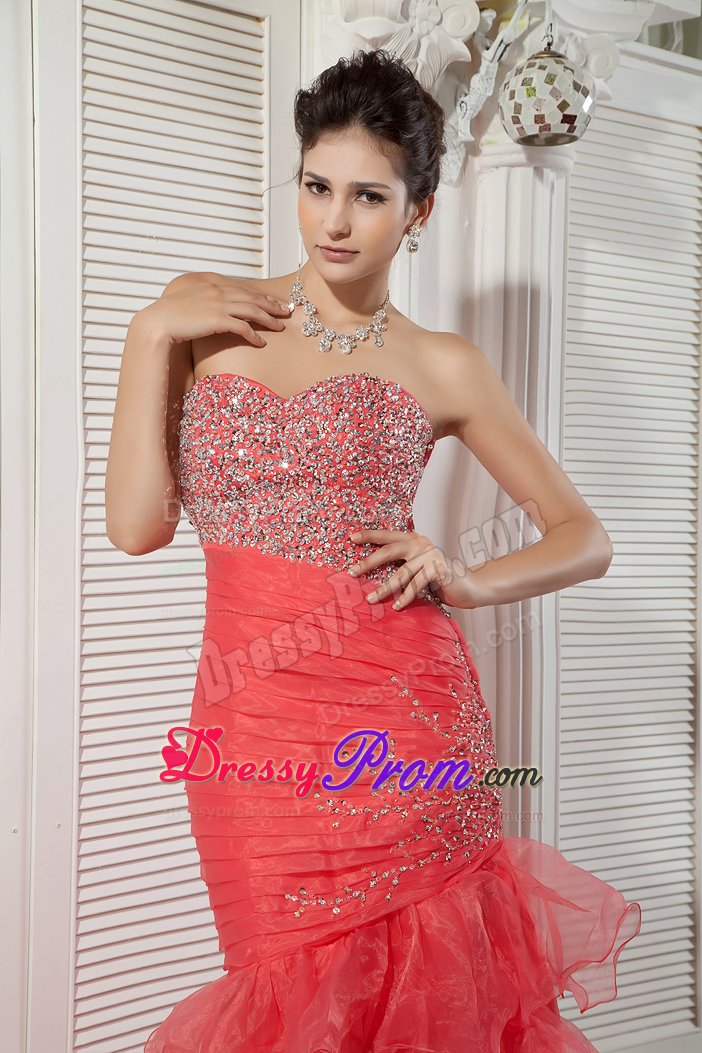 Pretty Mermaid Coral Red Organza Ruffled Beaded Prom Dress