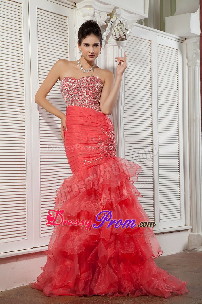 Pretty Mermaid Coral Red Organza Ruffled Beaded Prom Dress