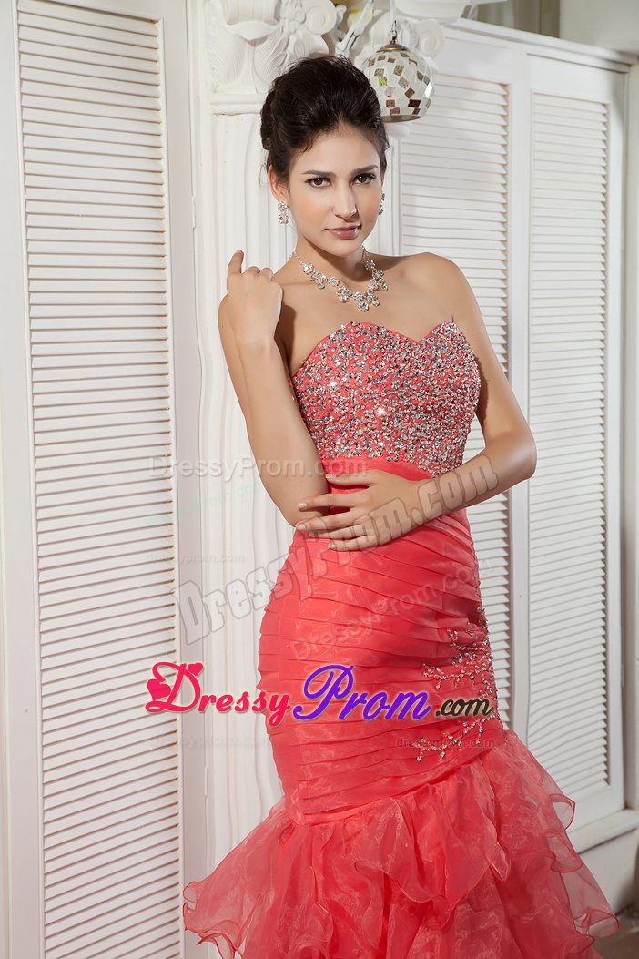 Pretty Mermaid Coral Red Organza Ruffled Beaded Prom Dress