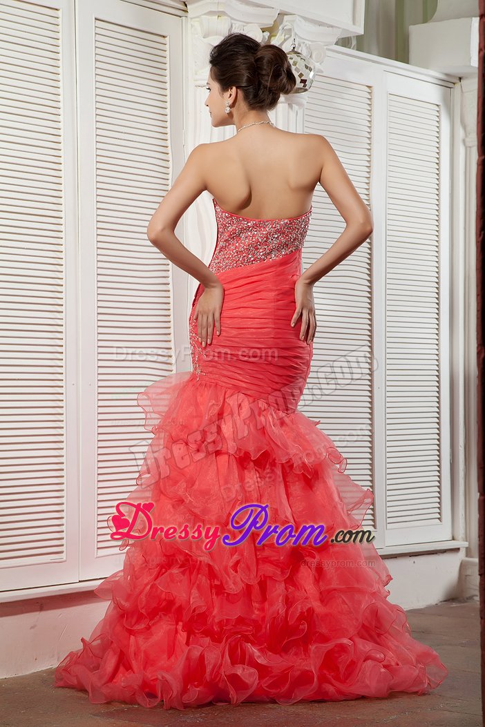 Pretty Mermaid Coral Red Organza Ruffled Beaded Prom Dress