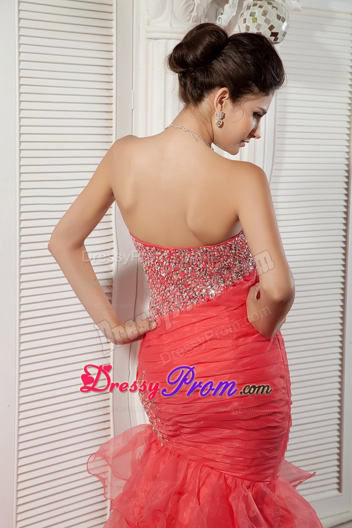 Pretty Mermaid Coral Red Organza Ruffled Beaded Prom Dress