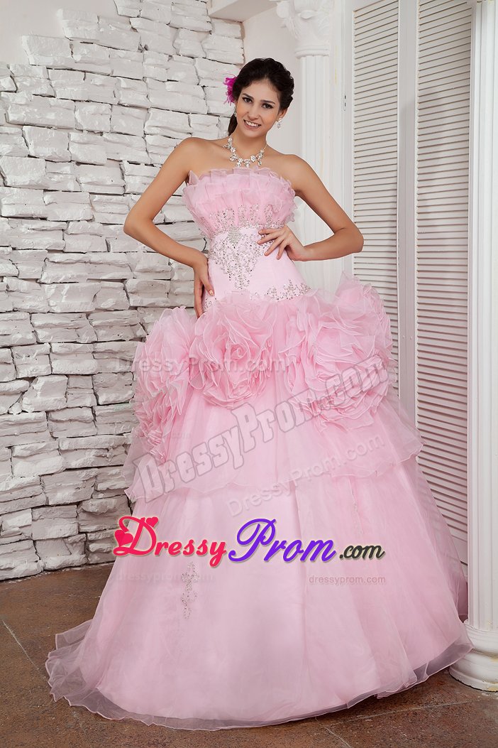 A-line Strapless Beaded Prom Dress with Big Flowers Decorate