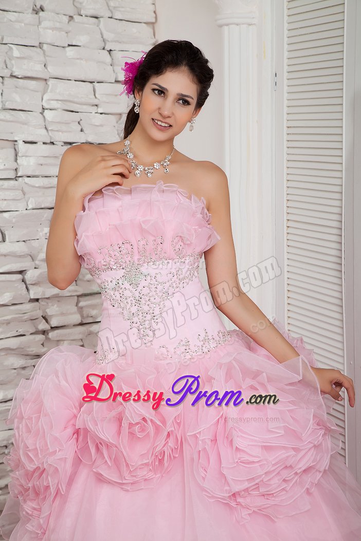 A-line Strapless Beaded Prom Dress with Big Flowers Decorate