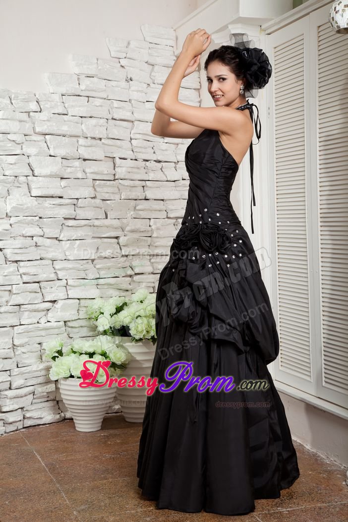 Halter top Black Beaded Prom Dresses with Handmade Flowers