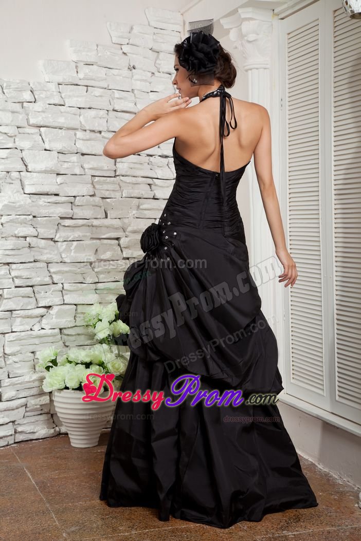 Halter top Black Beaded Prom Dresses with Handmade Flowers