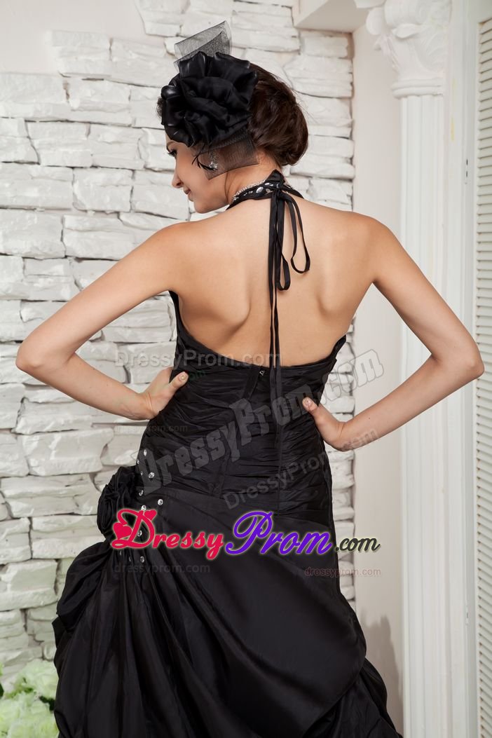 Halter top Black Beaded Prom Dresses with Handmade Flowers