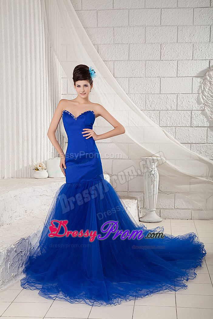 Sweetheart Court Train Royal Blue Beaded Prom Dress for Women