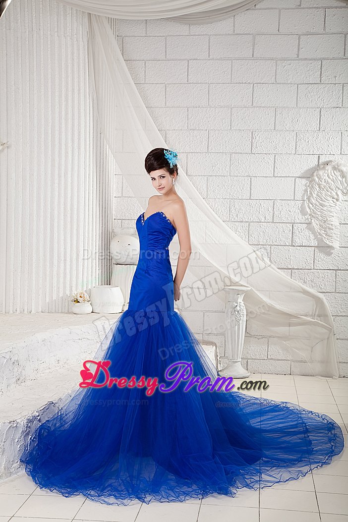 Sweetheart Court Train Royal Blue Beaded Prom Dress for Women