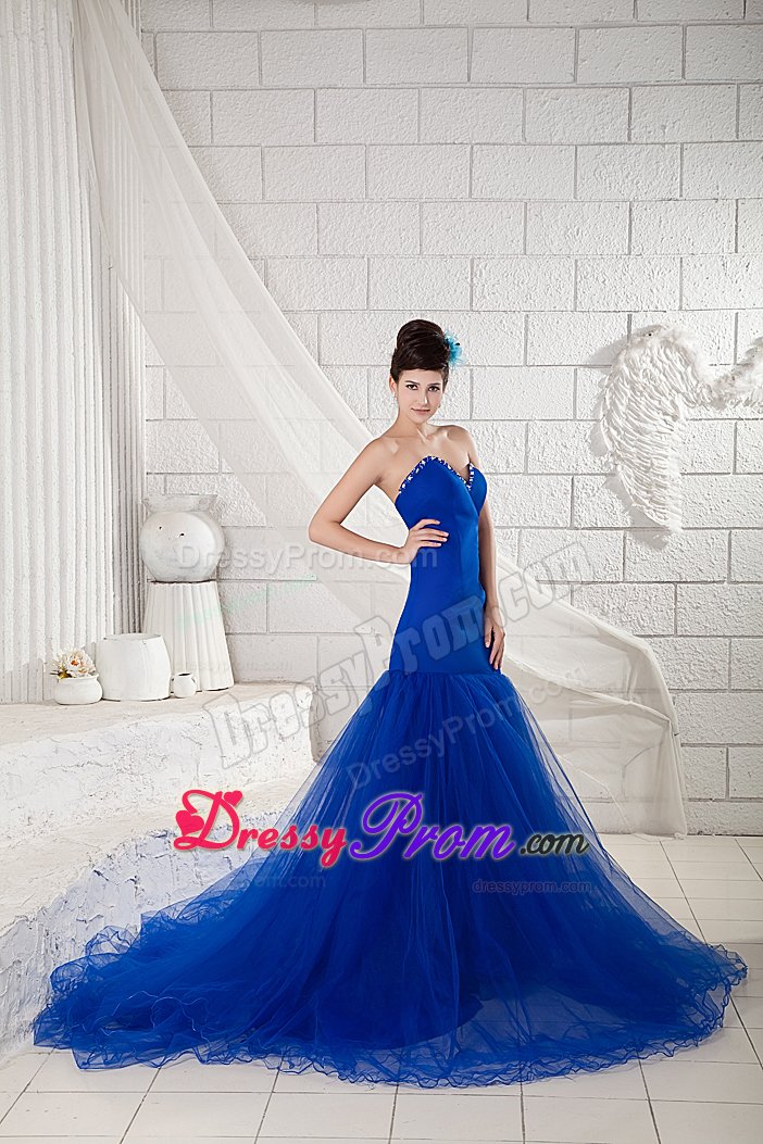 Sweetheart Court Train Royal Blue Beaded Prom Dress for Women