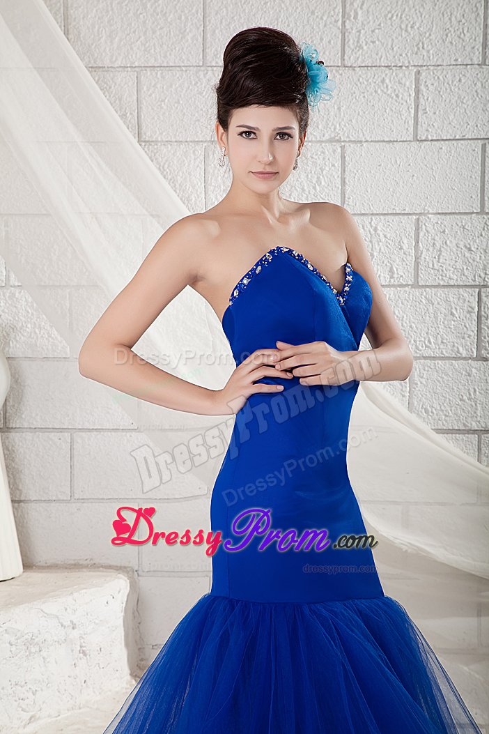 Sweetheart Court Train Royal Blue Beaded Prom Dress for Women