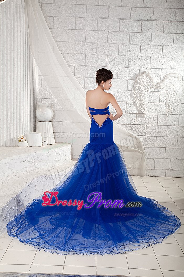 Sweetheart Court Train Royal Blue Beaded Prom Dress for Women