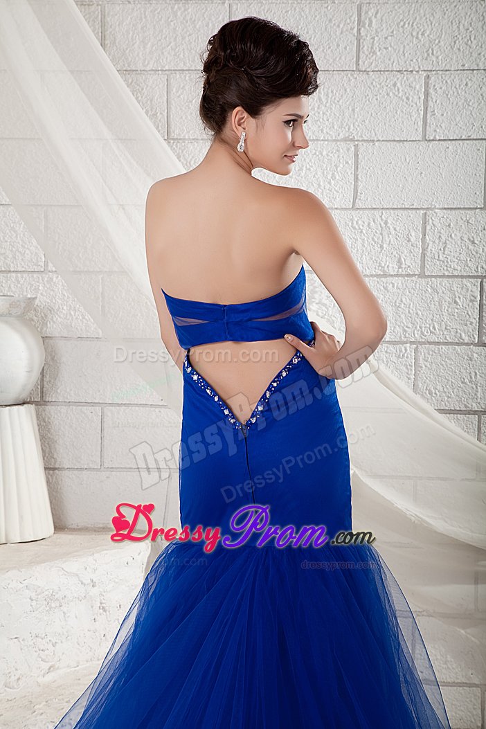 Sweetheart Court Train Royal Blue Beaded Prom Dress for Women