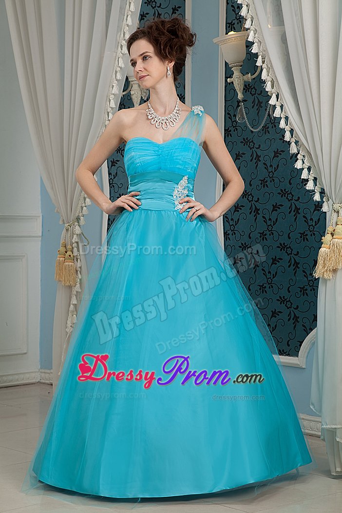 one Shoulder Floor-length Teal Prom formal Dress Zipper-Up