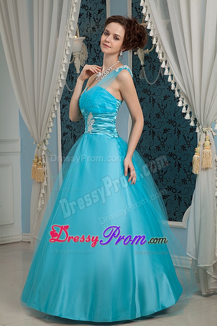 one Shoulder Floor-length Teal Prom formal Dress Zipper-Up