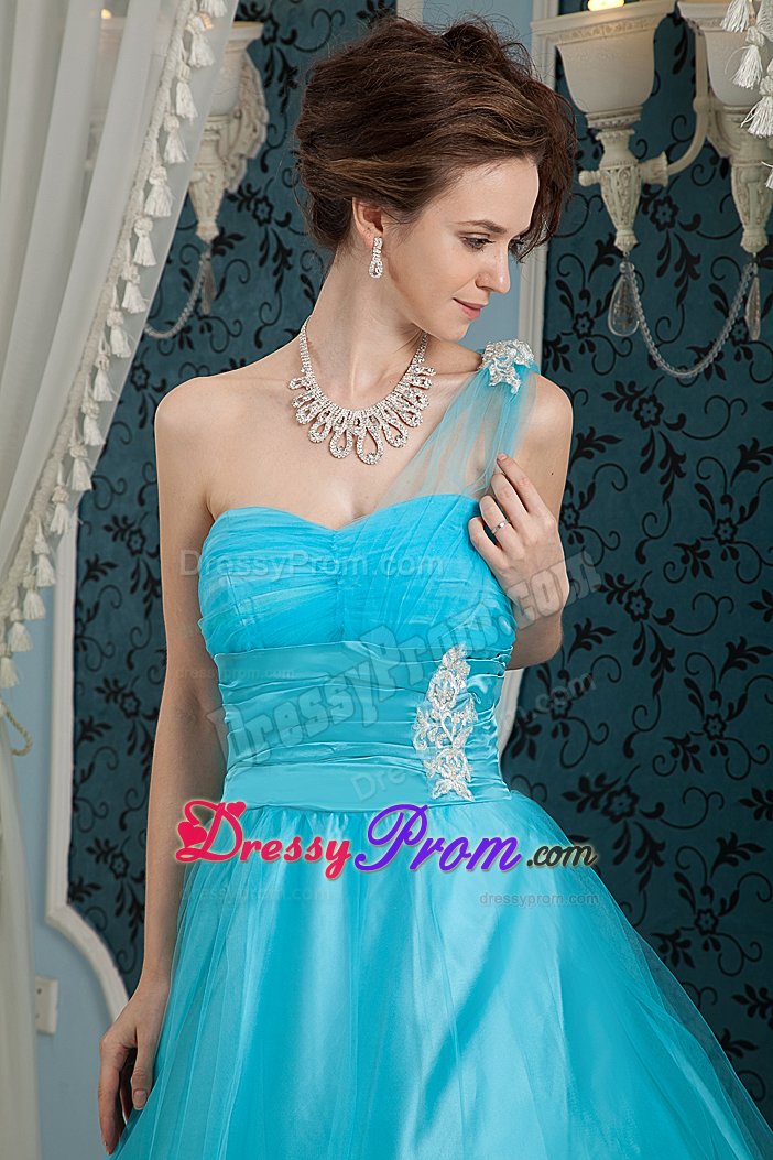 one Shoulder Floor-length Teal Prom formal Dress Zipper-Up