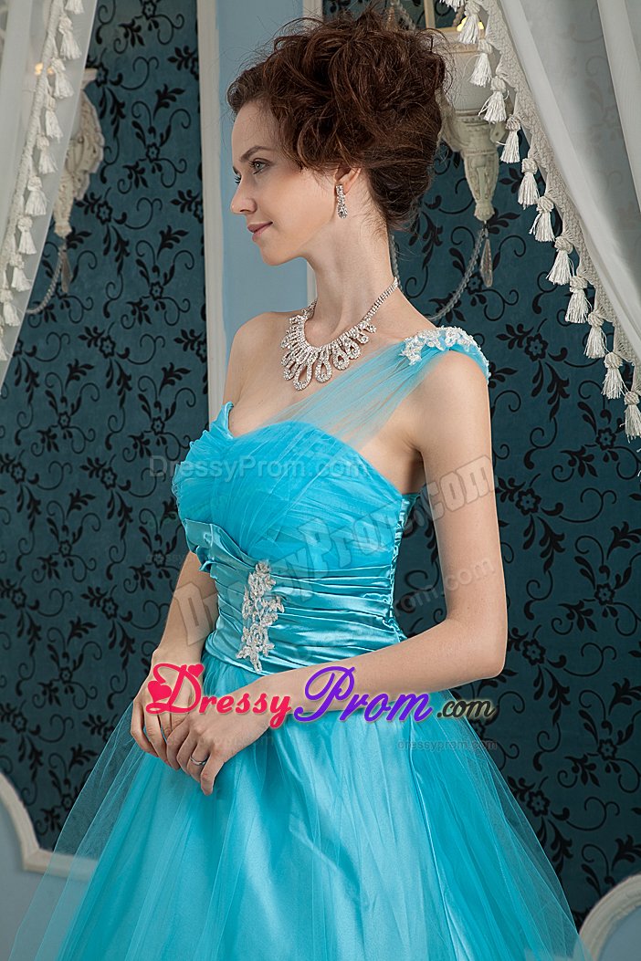 one Shoulder Floor-length Teal Prom formal Dress Zipper-Up