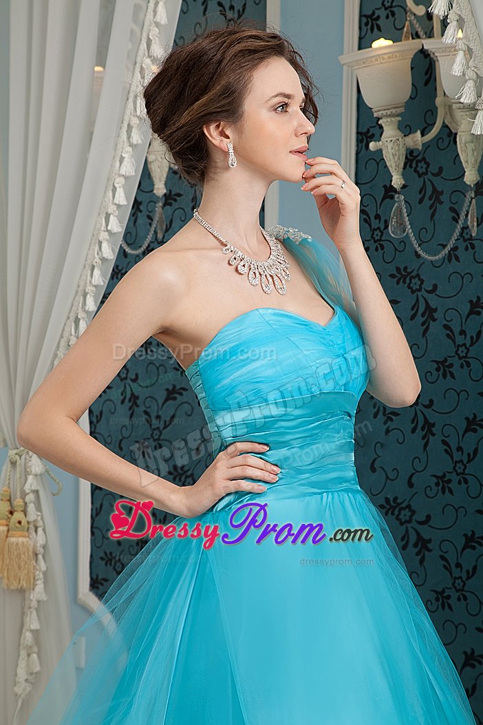 one Shoulder Floor-length Teal Prom formal Dress Zipper-Up