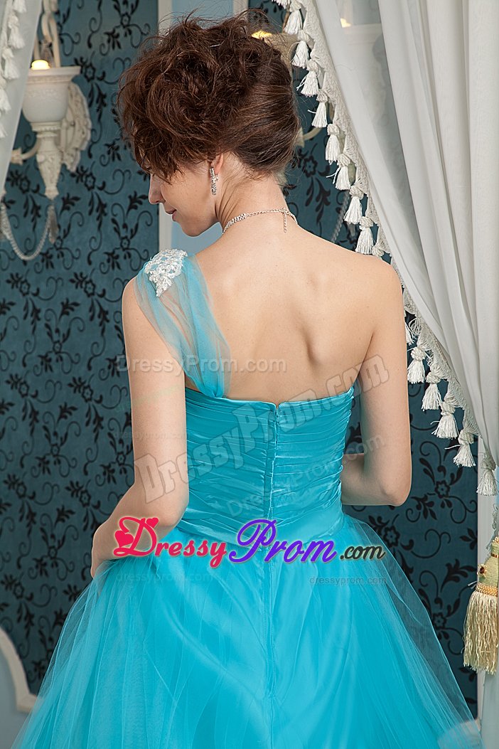 one Shoulder Floor-length Teal Prom formal Dress Zipper-Up