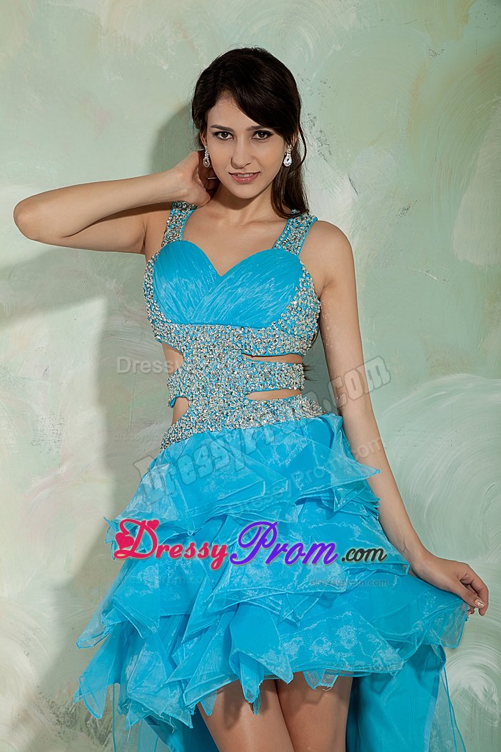 Fast Delivery High-low Sky Blue Straps Prom Dress with Cutouts