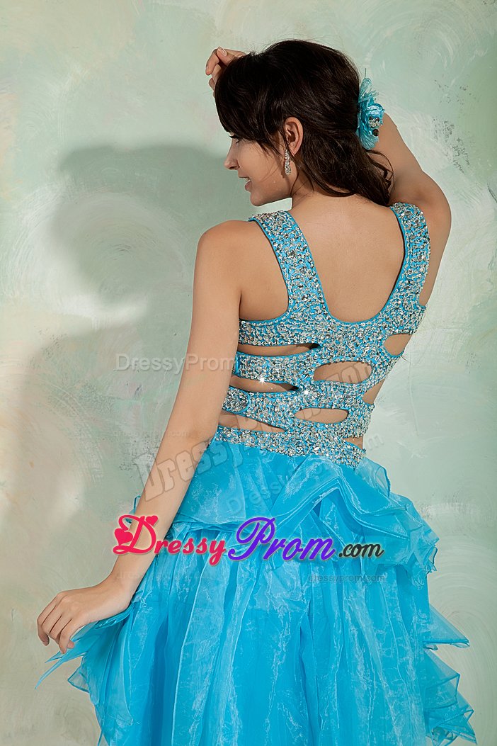 Fast Delivery High-low Sky Blue Straps Prom Dress with Cutouts