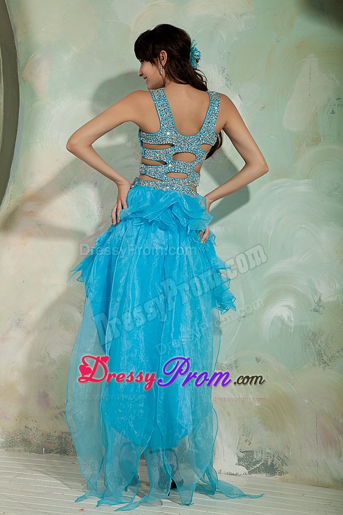 Fast Delivery High-low Sky Blue Straps Prom Dress with Cutouts