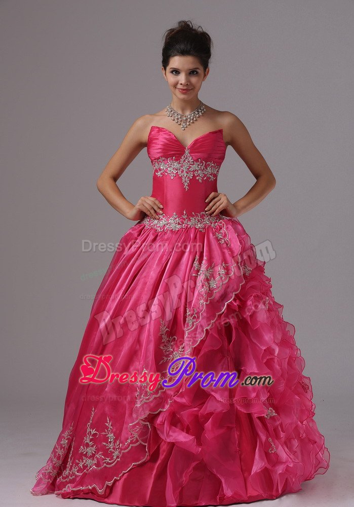 Sweetheart Appliqued Ruffled Hot Pink Prom Dress for Ladies