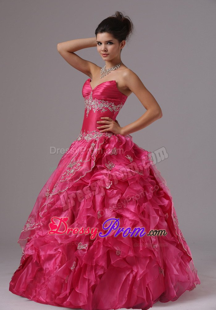 Sweetheart Appliqued Ruffled Hot Pink Prom Dress for Ladies