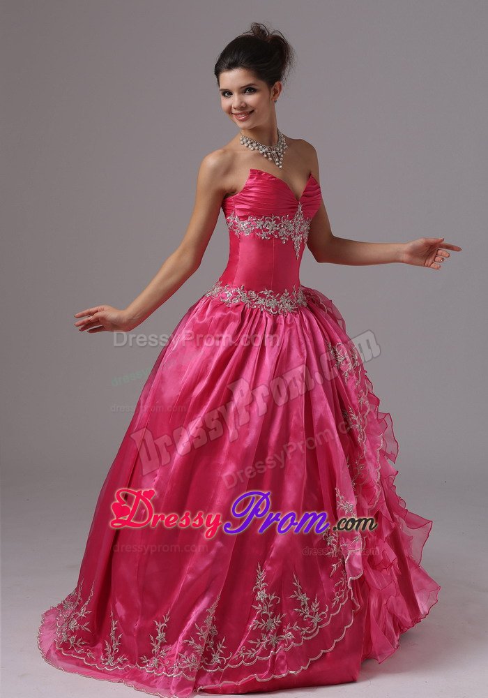Sweetheart Appliqued Ruffled Hot Pink Prom Dress for Ladies
