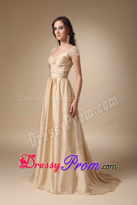 Soft and Feminine Gold Cap Sleeves Ruched Prom Evening Dress