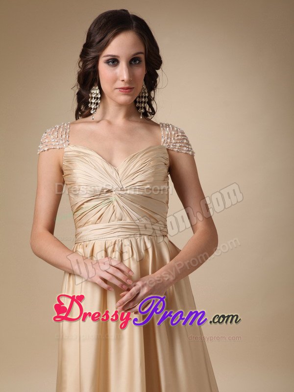 Soft and Feminine Gold Cap Sleeves Ruched Prom Evening Dress