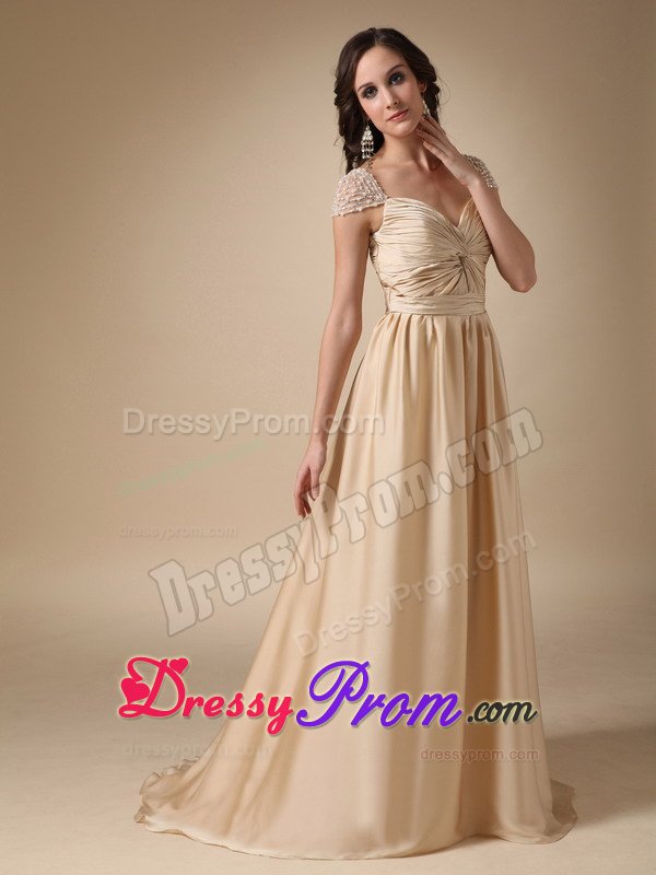 Soft and Feminine Gold Cap Sleeves Ruched Prom Evening Dress