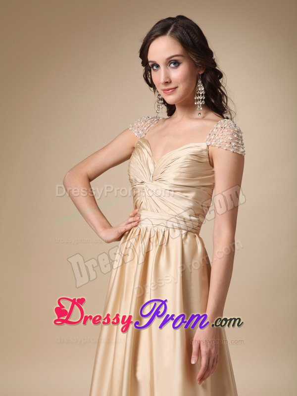 Soft and Feminine Gold Cap Sleeves Ruched Prom Evening Dress