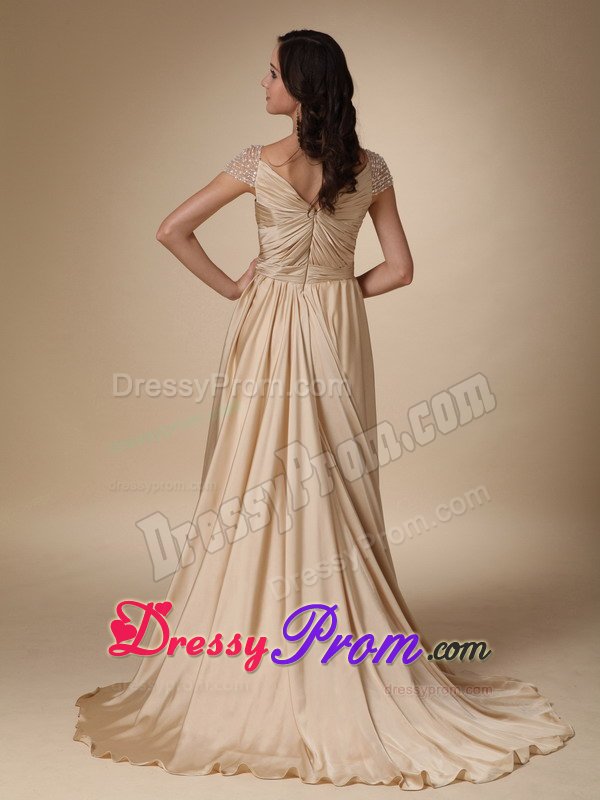 Soft and Feminine Gold Cap Sleeves Ruched Prom Evening Dress