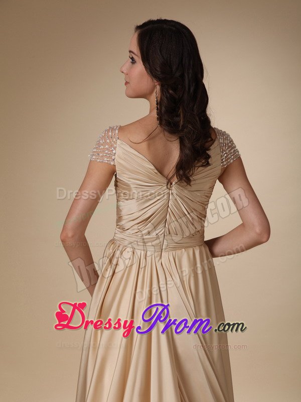 Soft and Feminine Gold Cap Sleeves Ruched Prom Evening Dress